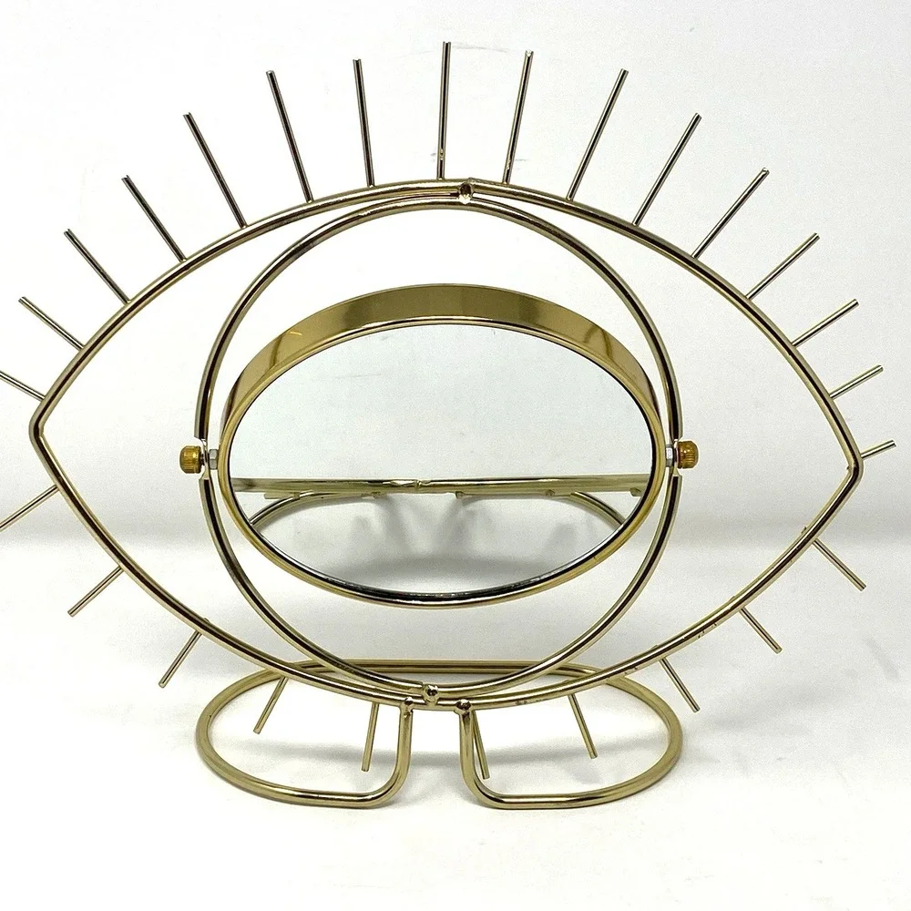 Open Eye-Shaped Gold Metal Double-Sided Vanity Makeup Magnifying Mirror 14x11x4